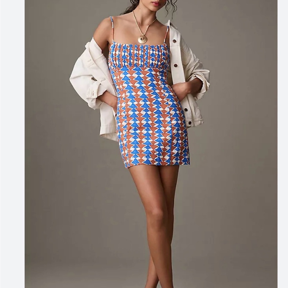 Anthropologie Women’s Blue & Orange Geometric Smocked Mini Dress